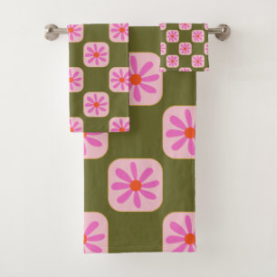 Cute Retro Boho Chequerboard Flower Green Pink  Bath Towel Set