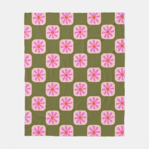 Cute Retro Boho Chequerboard Flower Green Pink  Fleece Blanket