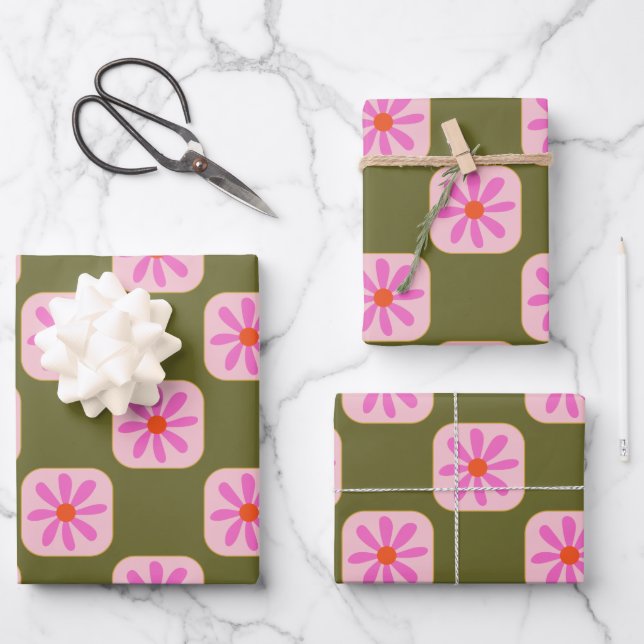 Cute Retro Boho Chequerboard Flower Green Pink Wrapping Paper Sheet (Front)
