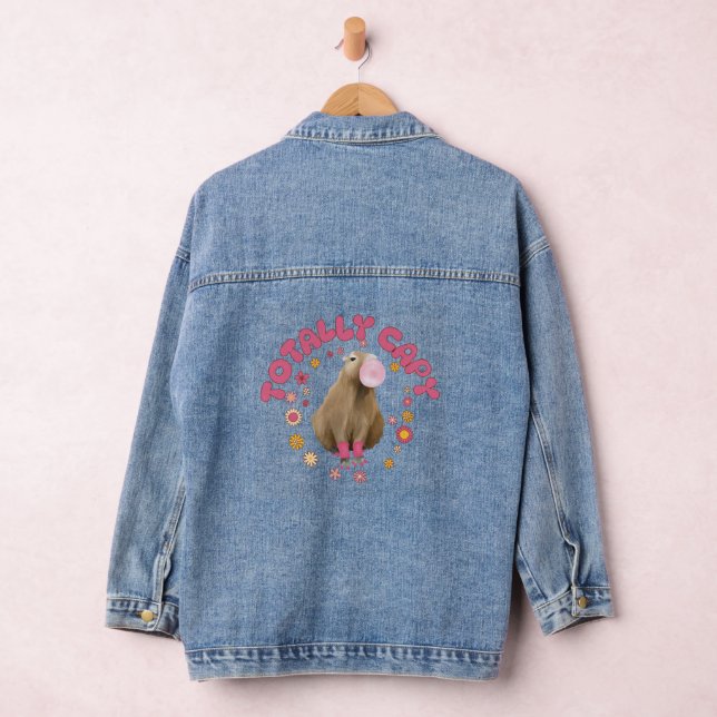 Cute Retro Bubblegum Blowing Capybara Denim Jacket (Hangar)