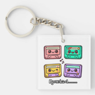 Cute Retro Cassette Tape "Rewind" Kawaii Design Key Ring