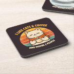 Cute Retro Cat & Coffee Lover Vintage 70s Cozy  Coaster<br><div class="desc">Protect your surfaces in style and with a touch of humor with this delightful "I Like Cats & Coffee and Maybe 2 People" beverage coaster! Featuring an adorable, contented cat sipping a hot beverage against a charming retro sunset, this coaster is perfect for cat enthusiasts, coffee aficionados, and anyone who...</div>