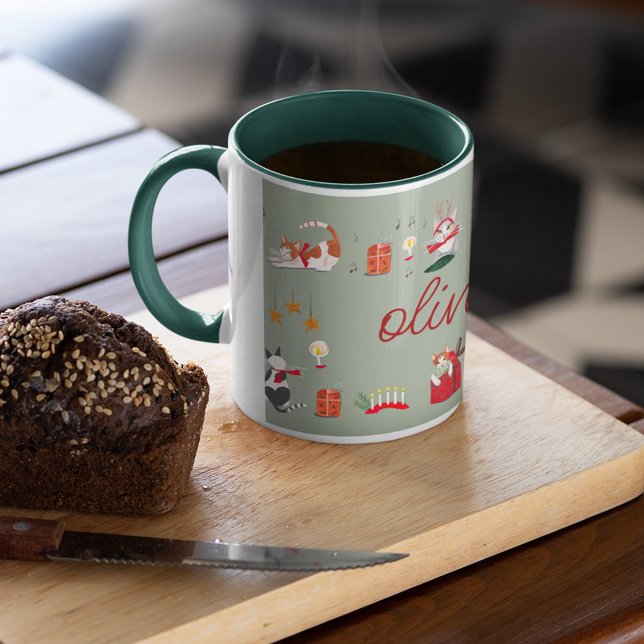 Cute retro cat green Christmas pattern  Mug (Cat Lover Christmas Mug with Custom Name)