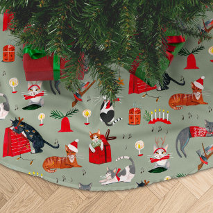 Cute retro cat lover pattern green Christmas Brushed Polyester Tree Skirt