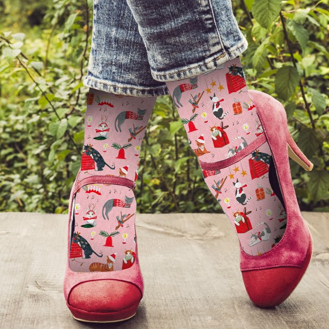 cute retro cat pattern pink custom name Christmas Socks (Creator Uploaded)