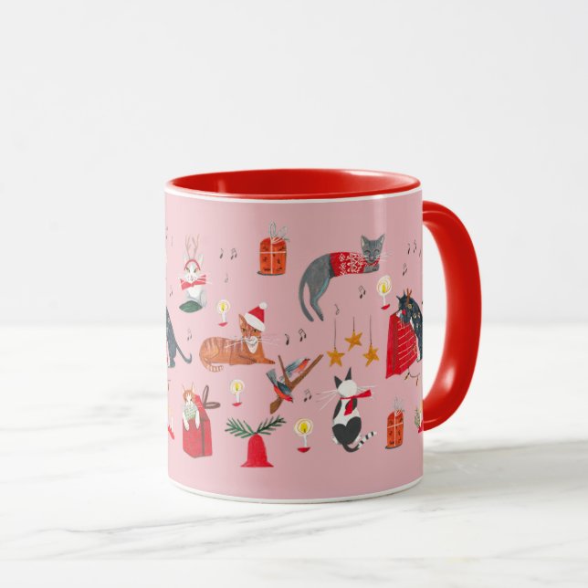 Cute retro cat pink Christmas pattern  Mug (Front Right)