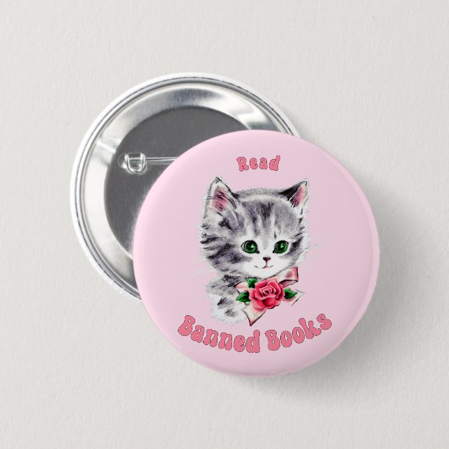 Cute Retro Cat - Read Banned Books 6 Cm Round Badge (Front & Back)