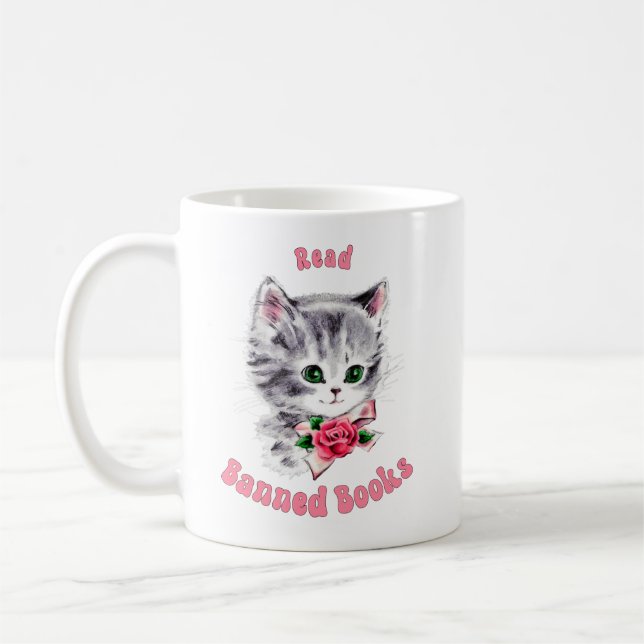 Cute Retro Cat - Read Banned Books Coffee Mug (Left)