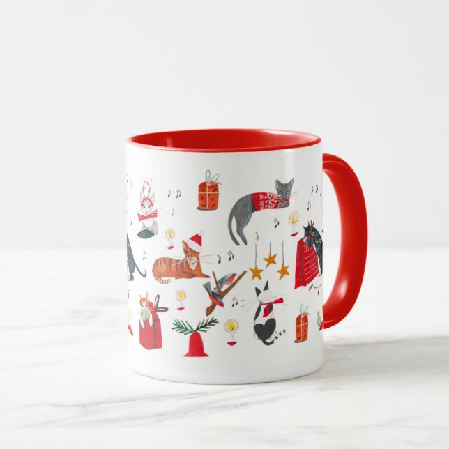 Cute retro cat red Christmas pattern  Mug (Front Right)