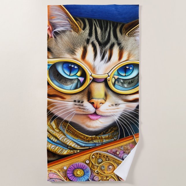 Cute Retro Cat Wearing Glasses Beach Towel (Front)