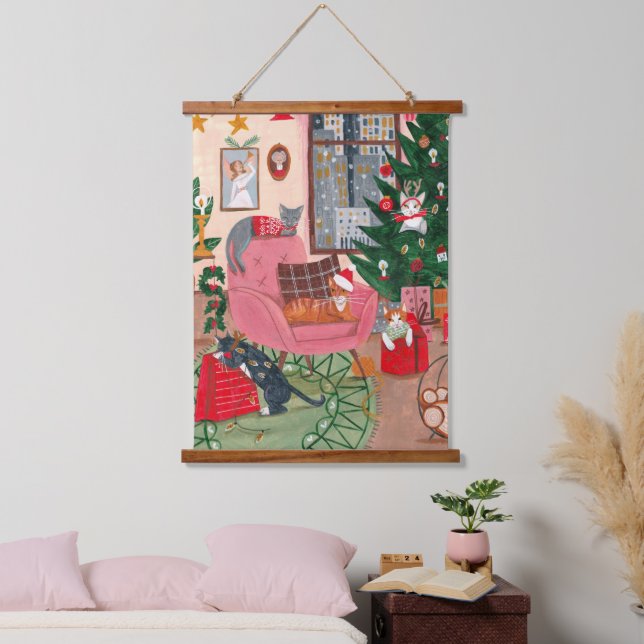 Cute retro cats Christmas Holiday Hanging Tapestry (Bedroom)