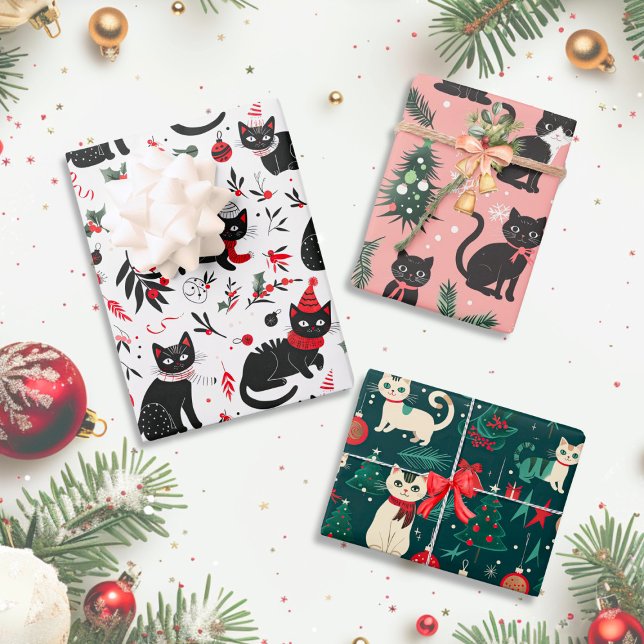 Cute Retro Cats Christmas Wrapping Paper Sheet (Cute Retro Cats Christmas Wrapping Paper, set of 3 sheets)