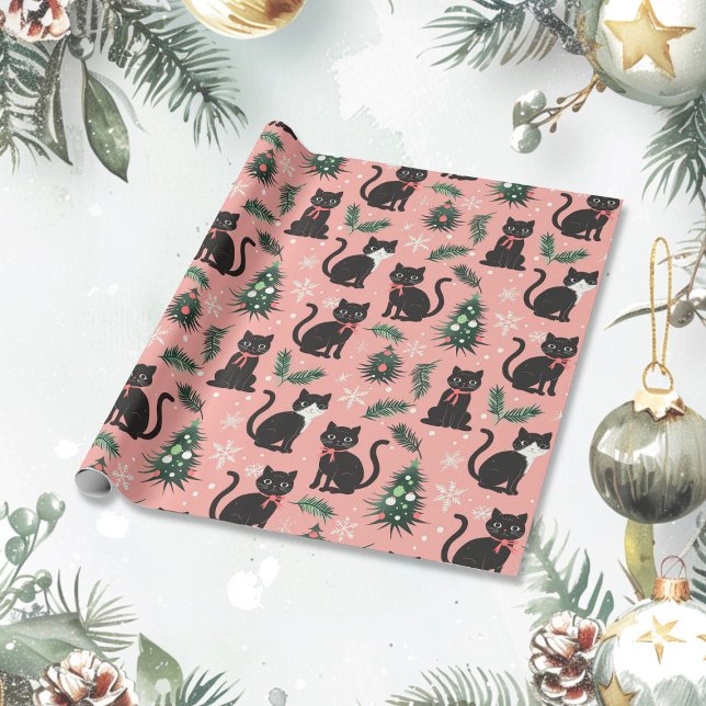 Cute Retro Cats on Pink Christmas Wrapping Paper (Cute Retro Cats on Pink Christmas Wrapping Paper roll)