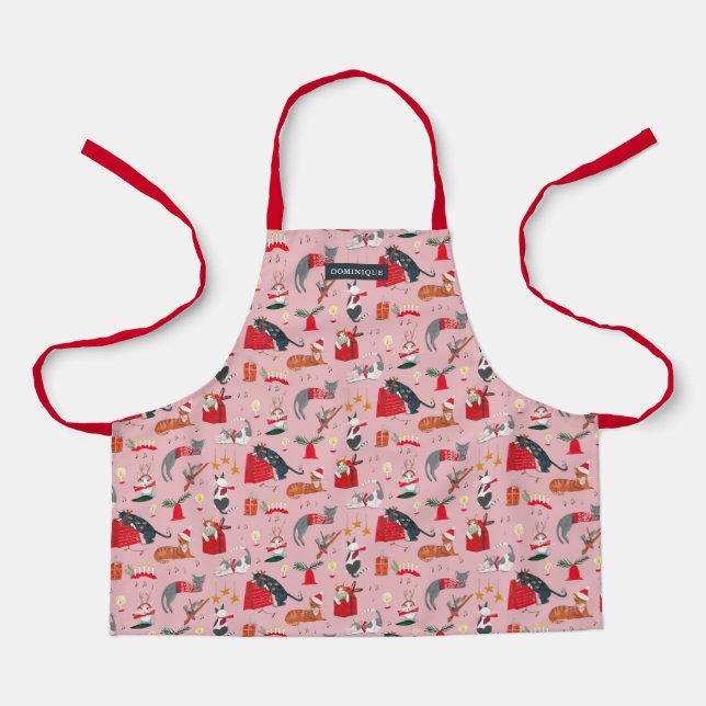 cute retro cats pattern pink Christmas  Apron (Front)