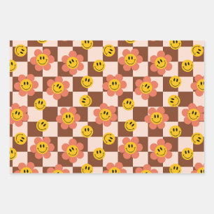 Cute Retro Checkerboard patterns with flowers Wrapping Paper Sheet