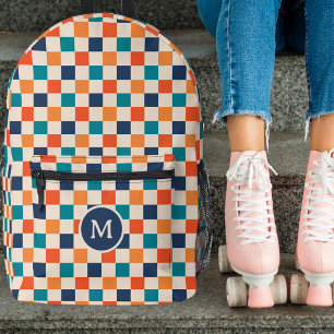 Cute Retro Chequerboard Monogram Navy Orange Teal Printed Backpack