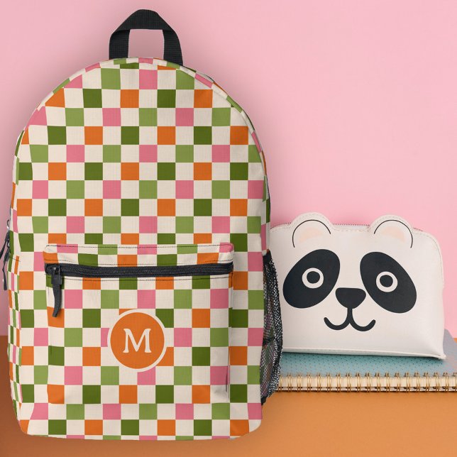 Cute Retro Chequerboard Monogram Pink Orange Green Printed Backpack (Creator Uploaded)