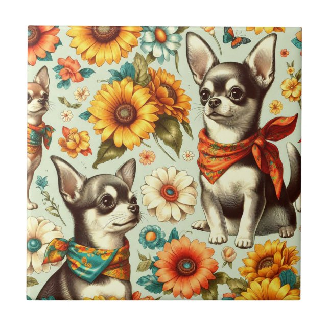 Cute Retro Chihuahua Illustration Ceramic Tile (Front)