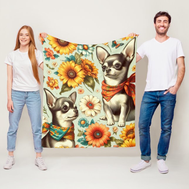 Cute Retro Chihuahua Illustration Fleece Blanket (In Situ)