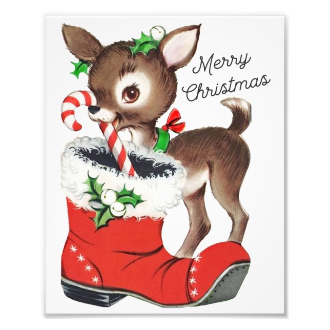 Cute Retro Christmas Deer and Santa Boot Wall Art (Front)