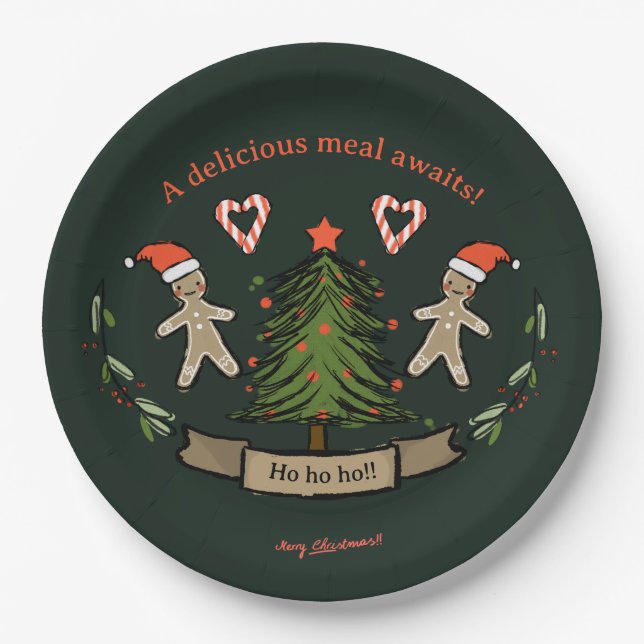Cute Retro Christmas dinner illustrated Paper Plate (Front)
