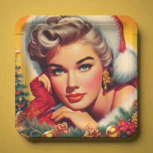 Cute Retro Christmas Girl Paper Plate