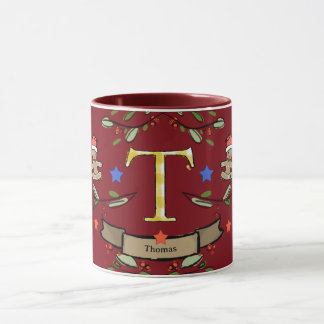 Cute Retro Christmas Monogram "T" with name Mug