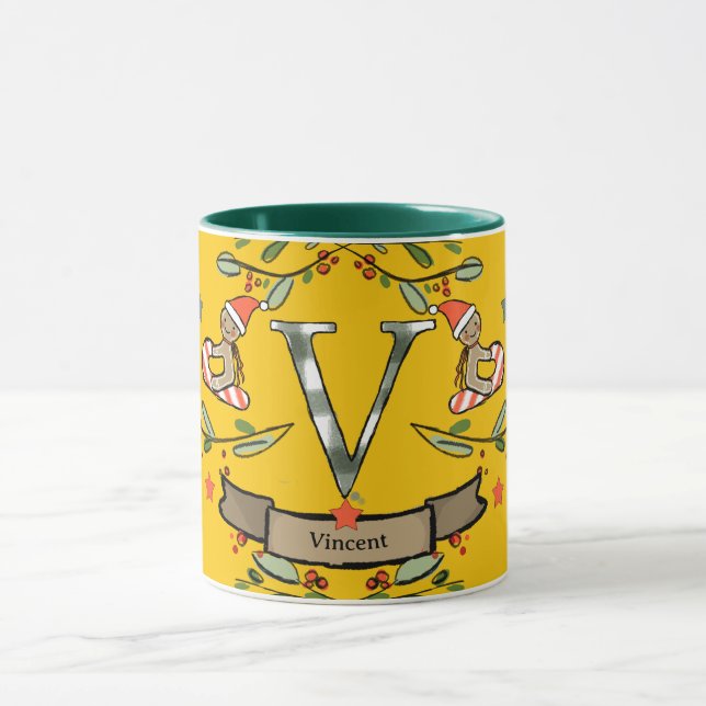 Cute Retro Christmas Monogram "V" with name  Mug (Center)
