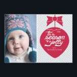 Cute Retro Christmas Ornament Photo Card<br><div class="desc">Cute retro red christmas ornament set on a modern blue and white diagonal stripe photo card with 'tis the season to be jolly typography.</div>