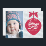 Cute Retro Christmas Ornament Photo Card<br><div class="desc">Cute retro red christmas ornament set on a modern blue and white diagonal stripe photo card with 'tis the season to be jolly typography.</div>