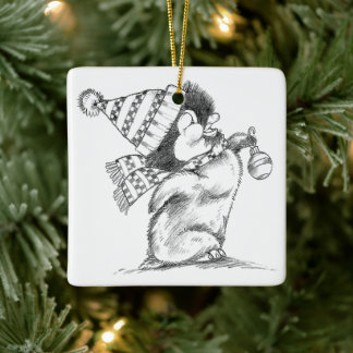 Cute Retro Christmas Penguin with Hat and Scarf Ceramic Ornament