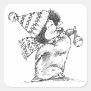 Cute Retro Christmas Penguin with Hat and Scarf Square Sticker