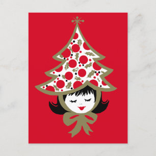Cute Retro Christmas Tree Girl Red Gold Holiday Postcard