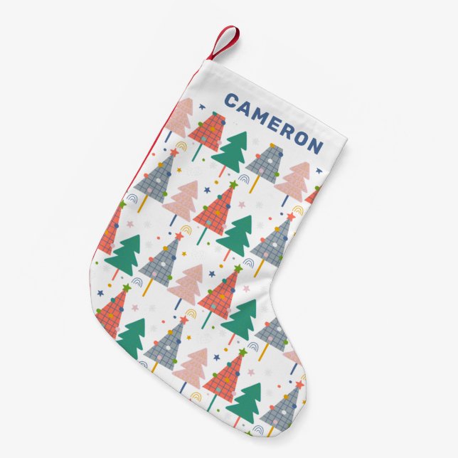 Cute Retro Christmas Treen Pattern Personalised Small Christmas Stocking (Front (Hanging))