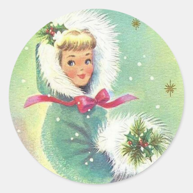 Cute Retro Christmas Winter Girl Classic Round Sticker (Front)