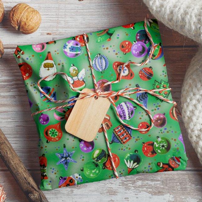 Cute retro colourful ornaments Christmas green Wrapping Paper (Creator Uploaded)