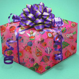 Cute retro colourful ornaments Christmas pink Wrapping Paper