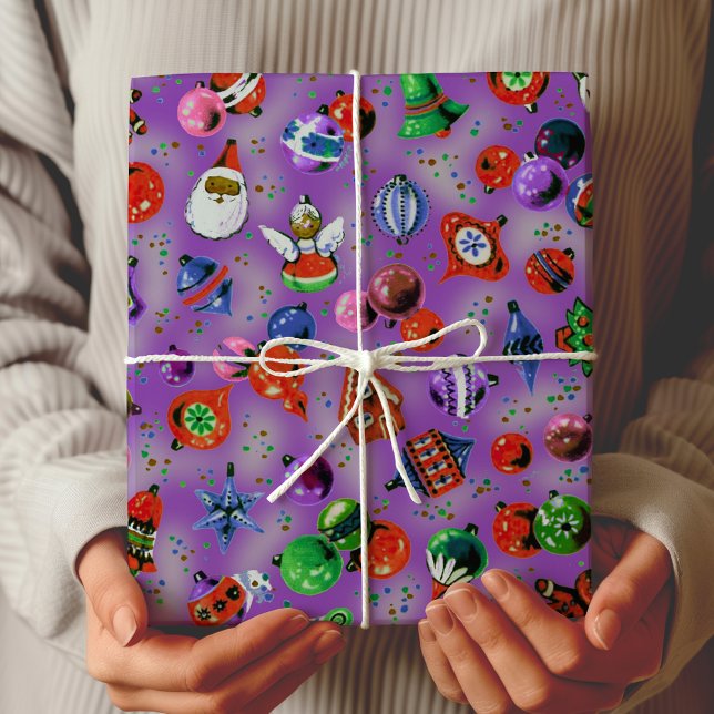 Cute retro colourful ornaments Christmas purple Wrapping Paper (Creator Uploaded)