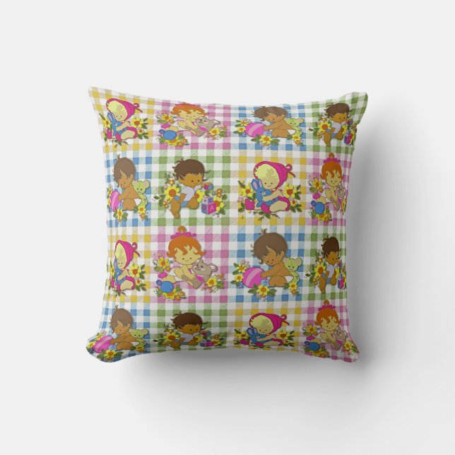 Cute Retro Colourful Patchwork Plaid Baby Shower  Cushion (Front)
