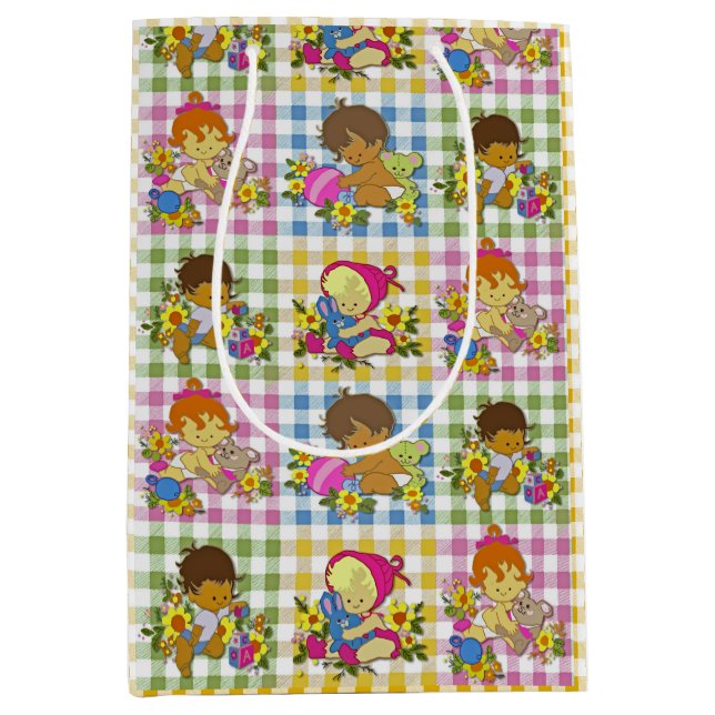 Cute Retro Colourful Plaid Baby Shower  Medium Gift Bag (Front)