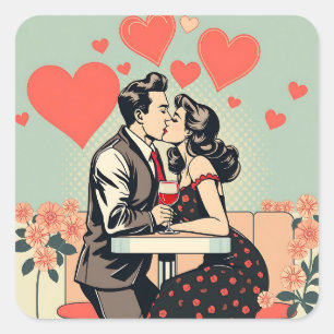 Cute Retro Couple Kissing Pop Art Hearts Square Sticker