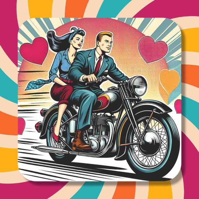 Cute Retro Couple on Motorcycle Valentine's Day   Square Sticker (Creator Uploaded)