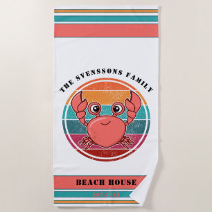 Cute Retro Crab Family Name Year Est Beach House Towel