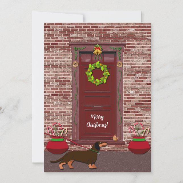 Cute Retro Dachshund Dog Christmas Flat Holiday Card (Front)