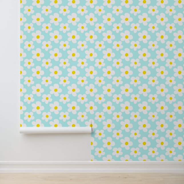 Cute Retro Daisies Whimsical Blue Baby Nursery Wallpaper (Application)