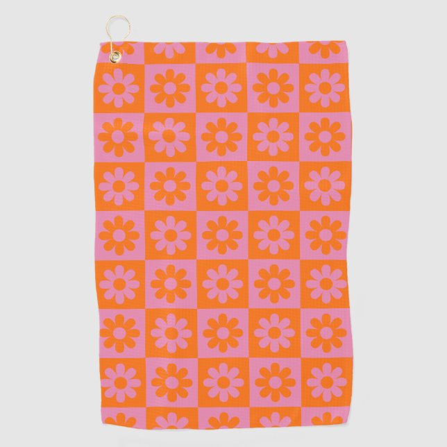 Cute Retro Daisy Flower Chequered Pink Orange Golf Towel (Front)