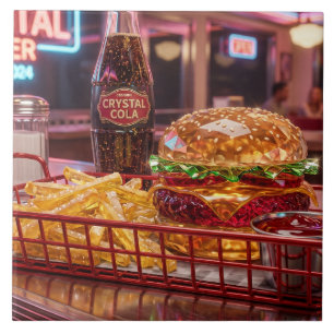 Cute Retro Diner Crystalline Burger and Fries Ceramic Tile