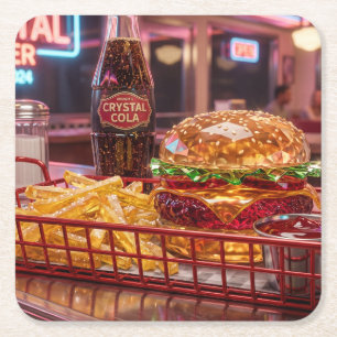 Cute Retro Diner Crystalline Burger and Fries Square Paper Coaster