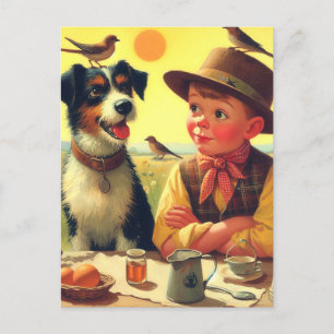 Cute Retro Dog and Children Painting Postcard