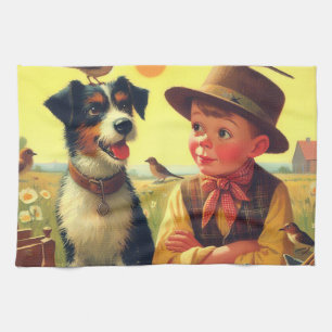 Cute Retro Dog and Children Painting Tea Towel